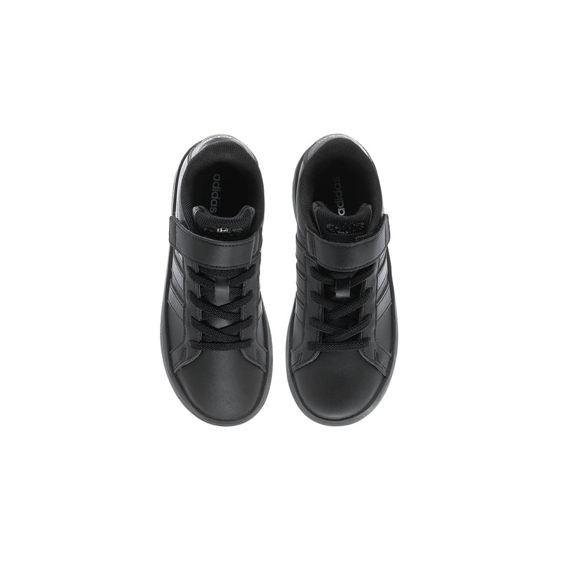Kids black sneakers with hook-and-loop strap and stitched toe cap.