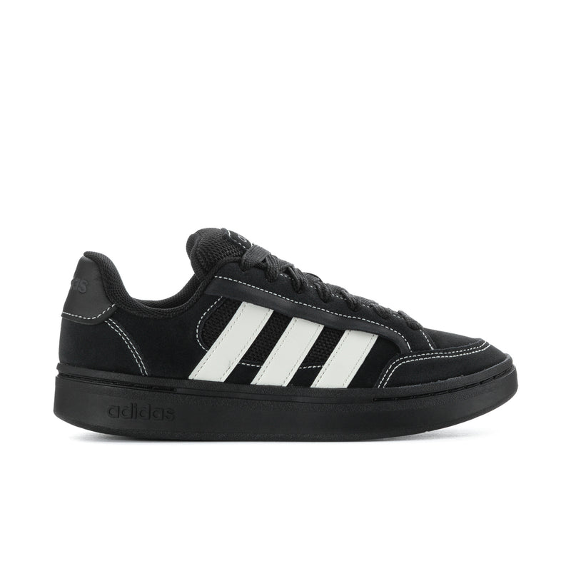 Men's black suede low-top sneaker with three white side stripes
