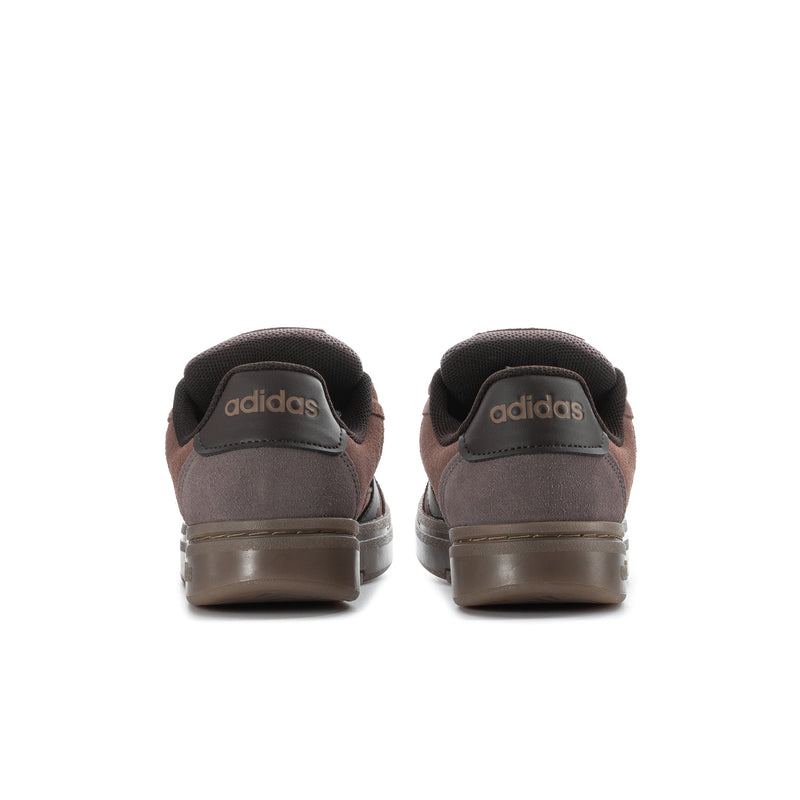 Men's adidas skate sneakers, back view, brown upper with black heel tab