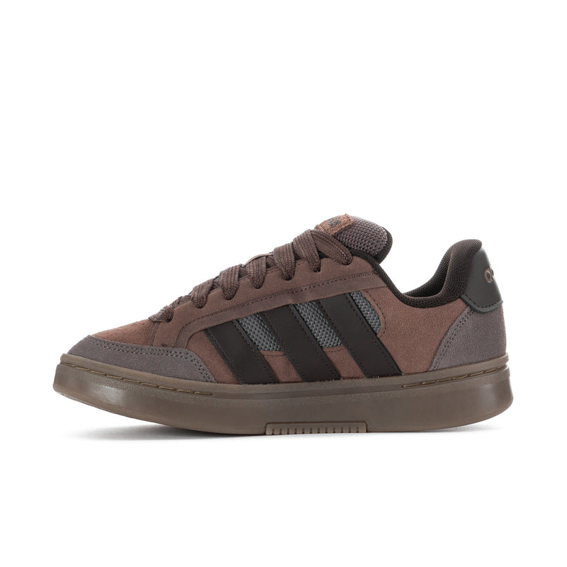 Men's adidas low-top skate sneakers, angled side, brown suede with dark stripes