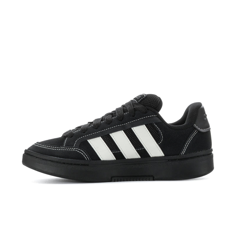 Black low-top skate sneaker with white triple stripes and padded tongue