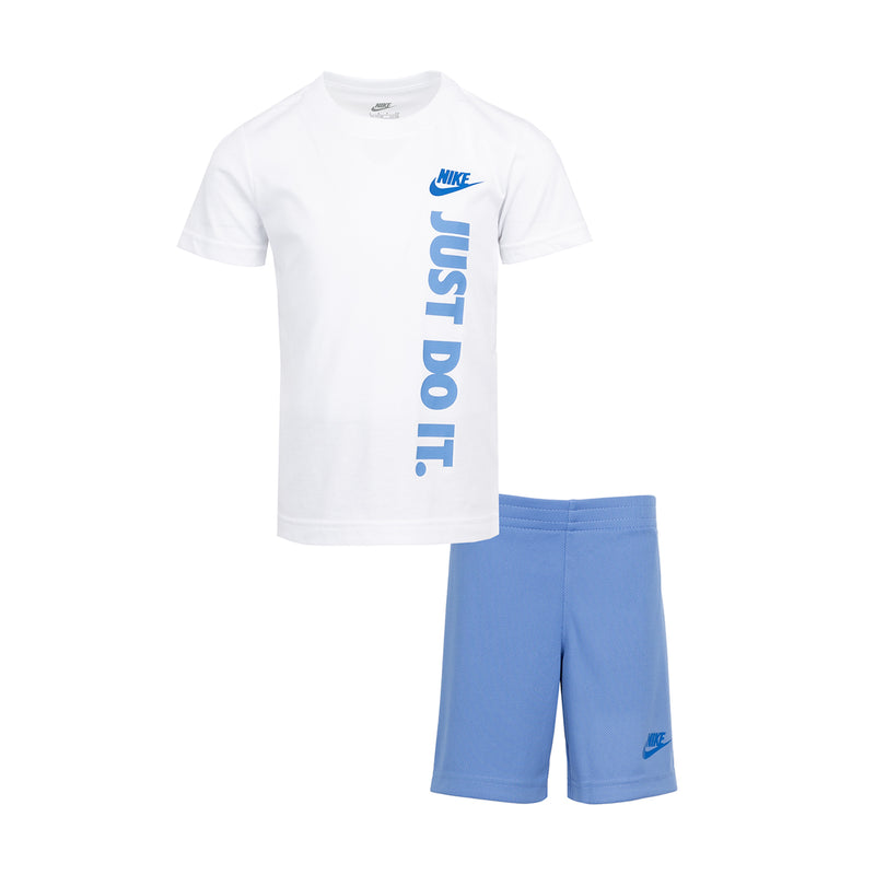 Toddler graphic T-shirt and shorts set, white top with Nike print and blue shorts