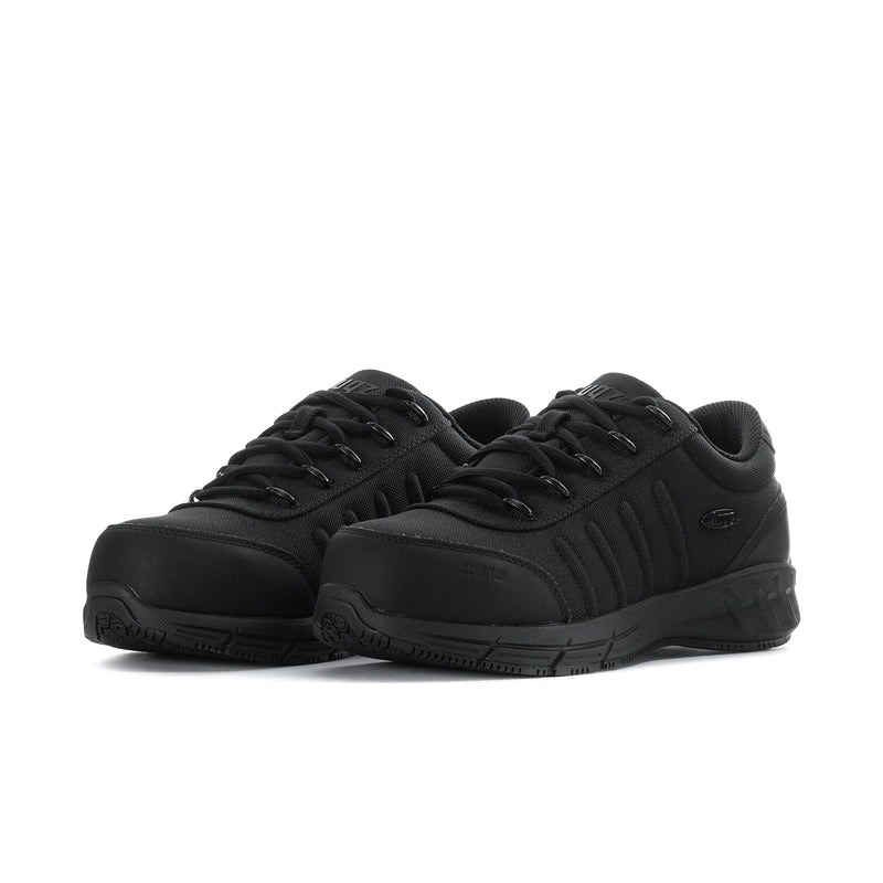 Black lace-up safety shoe with textured side panels and durable rubber sole