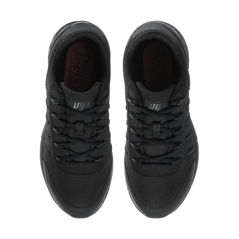 Black lace-up safety shoe with mesh upper and padded collar, front view