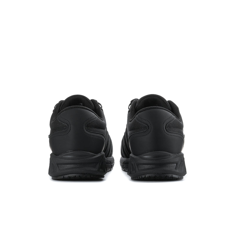 Black safety work shoe, rear view with cushioned heel and tread details