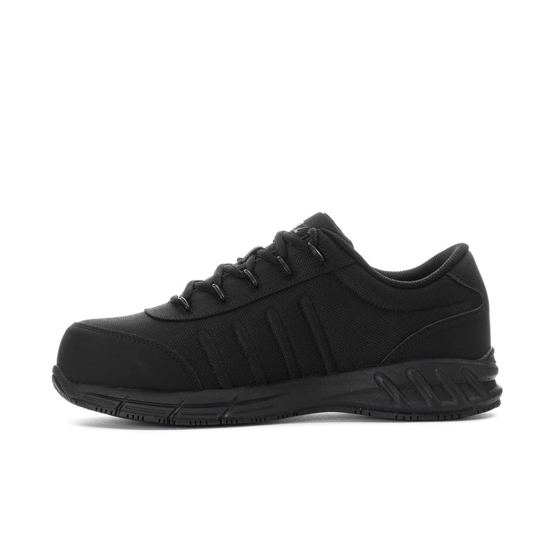 Black lace-up safety shoe with textured toe cap and low-profile sole