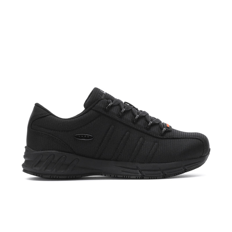 Black men's lace-up athletic shoe with cushioned sole and textured upper