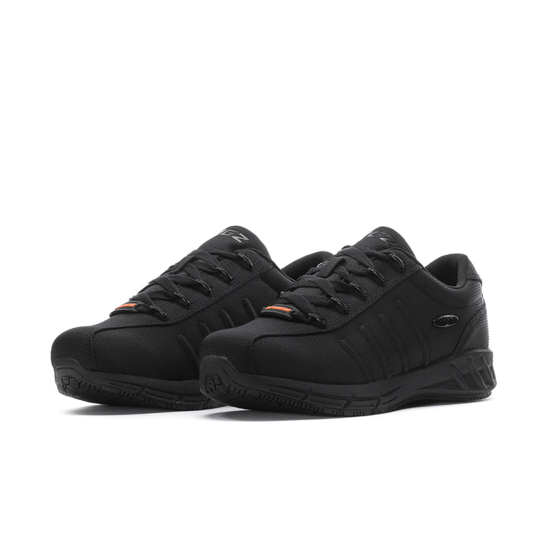 Black men's lace-up athletic shoes, side view with orange logo accents