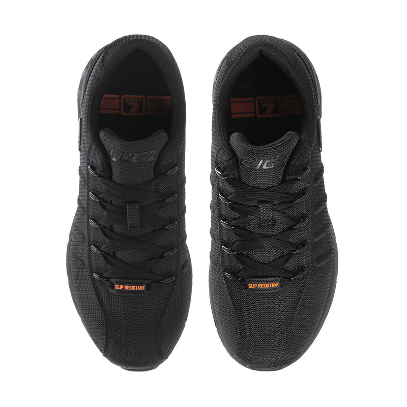 Black men's athletic shoes, front view; padded tongue and lace details