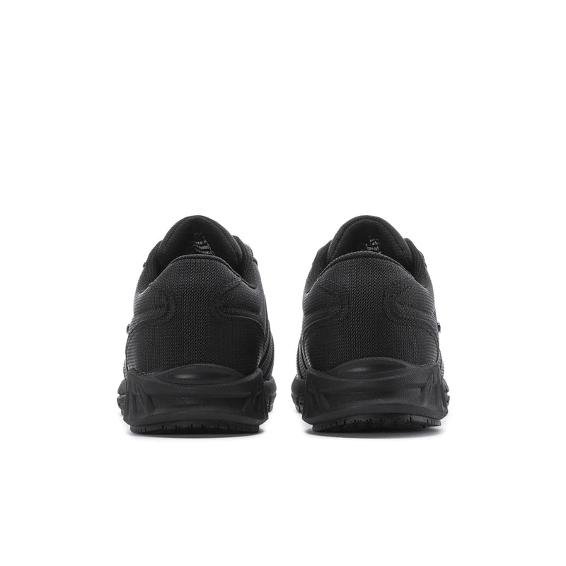 Black men's athletic shoes, rear view; smooth heel and lace loops
