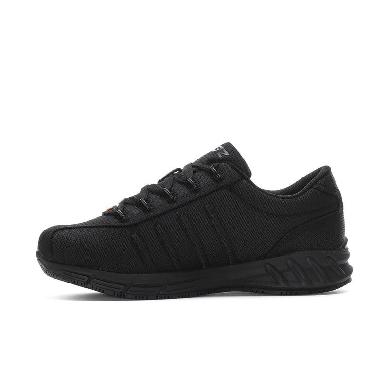 Black men's lace-up athletic shoe, profile view with textured side panels