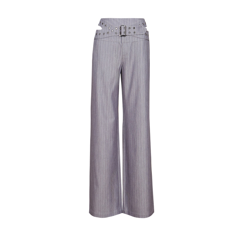Gray wide-leg pants with a belt on a white background
