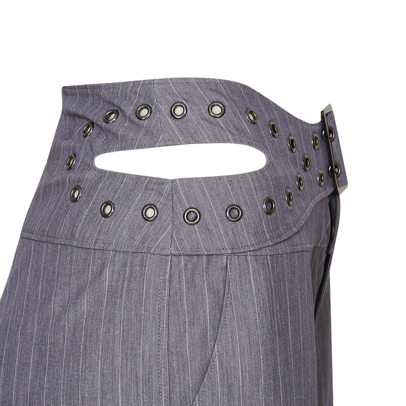 Close-up of a gray pinstripe skirt with decorative buttons on a white background