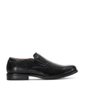 Black men's slip-on loafer shoe with moc toe and low block heel