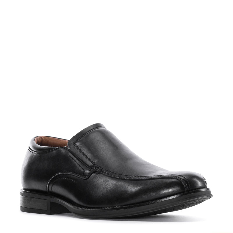 Black men's slip-on leather loafer with side stitching and low block heel