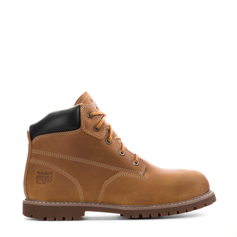 Men's wheat leather steel-toe 6" work boots with black collar and lace-up
