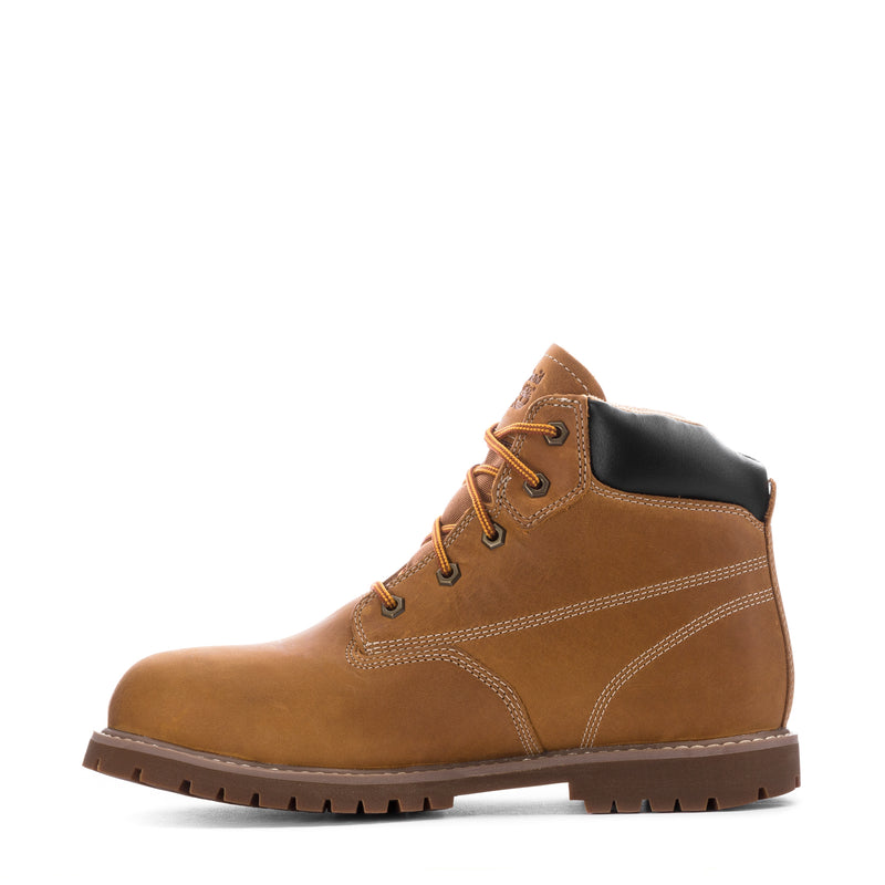 Men's wheat steel-toe 6" lace-up work boots with black ankle panel and orange laces