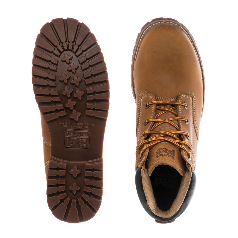 Men's wheat steel-toe 6" work boots showing tread outsole and lace-up opening