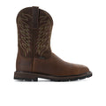 Men's brown square-toe work boots with pull-on tabs and embroidered shaft panels