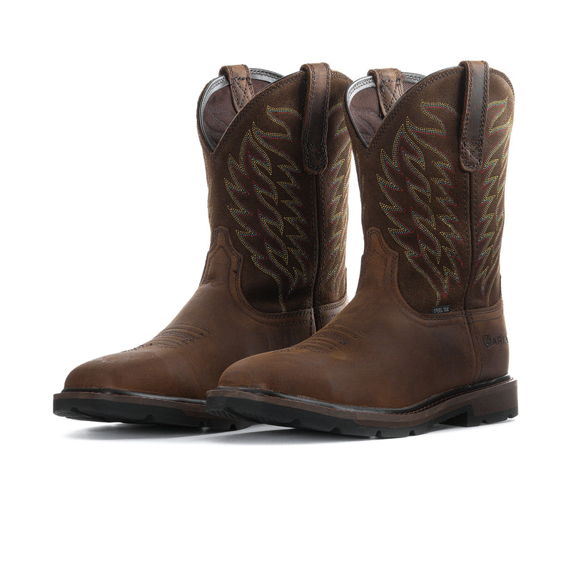 Pair of men's brown square-toe work boots with stitched shaft detail and rugged sole