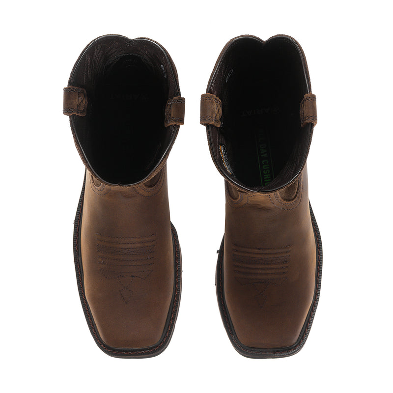 Men's brown square-toe work boots open top view with pull tabs inside