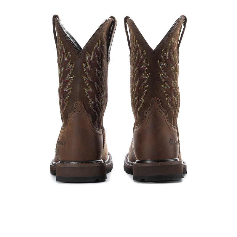 Men's brown square-toe work boots back view with heel tabs and stitched panels