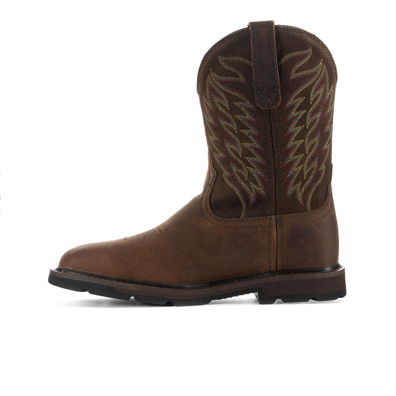 Men's brown square-toe work boot side view with embroidered shaft and tread sole