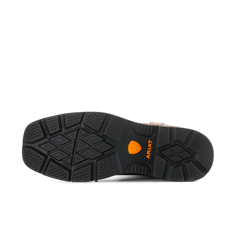 Brown square-toe work boot outsole with deep tread and ARIAT logo