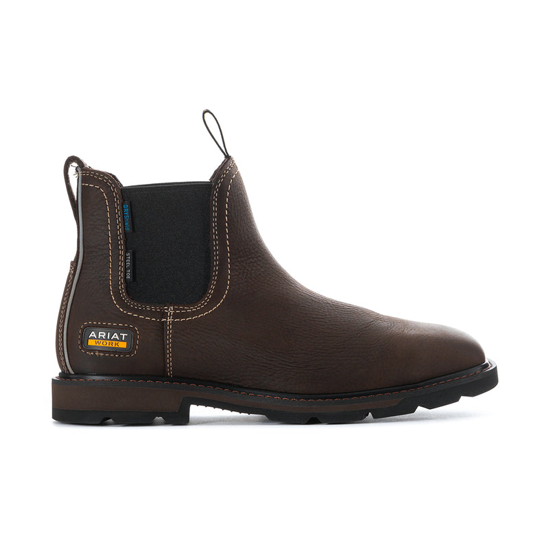 Brown Chelsea work boots with elastic side panels and stitched pull tab