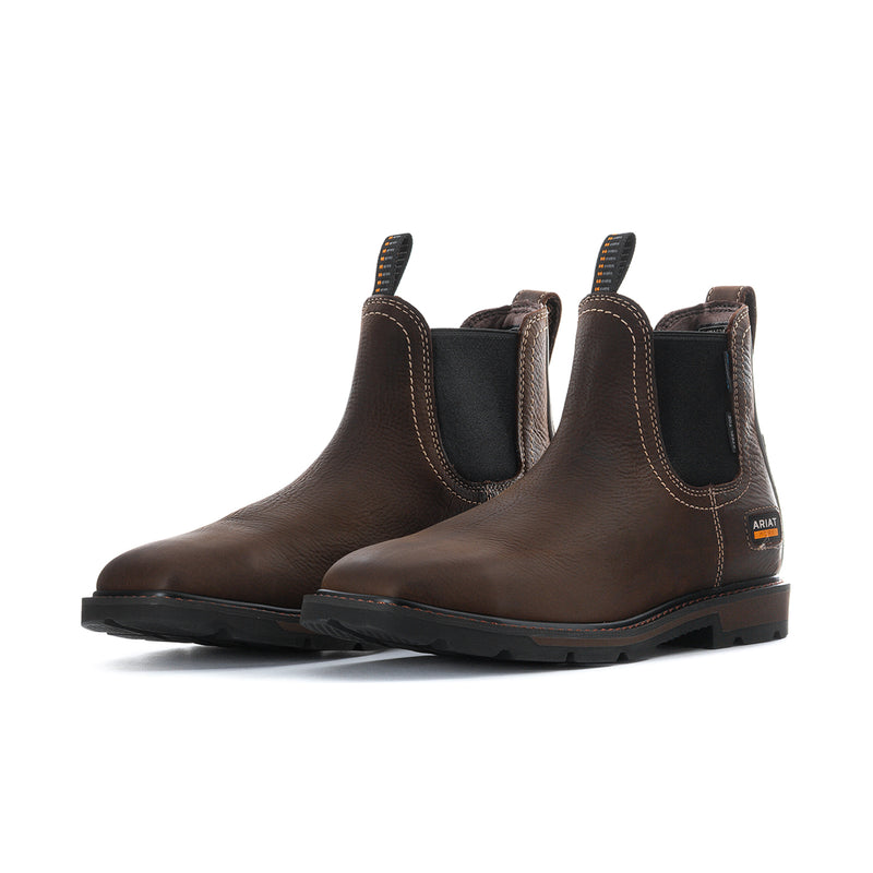 Brown Chelsea boots with elastic goring and rugged rubber outsole