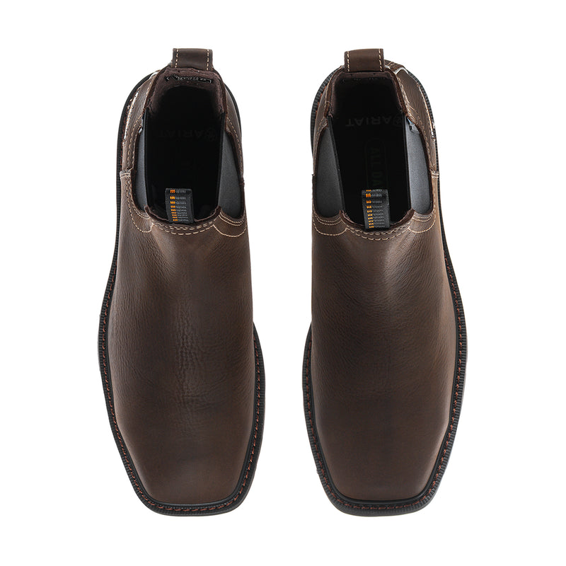 Pair of brown Chelsea boots shown from the toe with cushioned interior