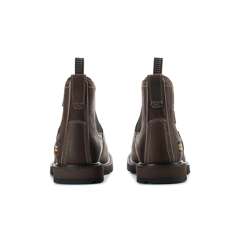 Brown Chelsea boots from the back with pull-on loop and cushioned heel