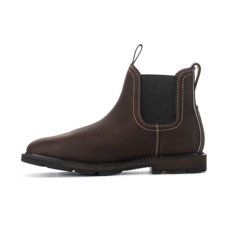 Brown Chelsea boots with elastic side panel, stitch trim, and loop pull tab