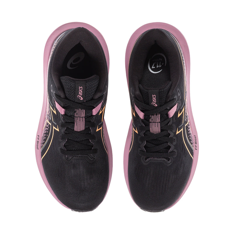 Women’s running shoes with black mesh upper, pink lining, gold side graphics