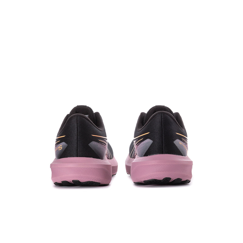 Women’s running shoes heel view with black upper and pink cushioned sole