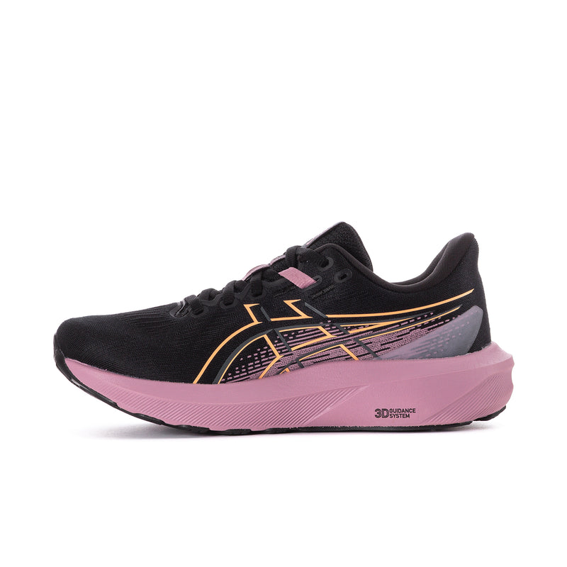 Black women’s running shoes with taro purple accents and gold side graphic