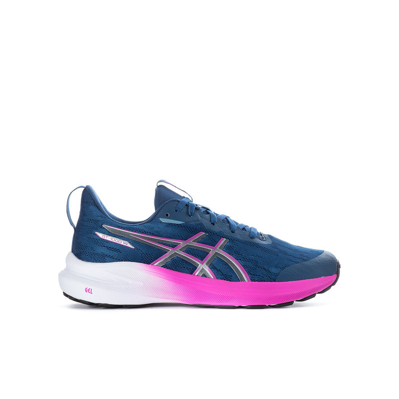 Youth running shoe in twilight blue with pink accents, lace-up mesh upper