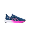 Youth running shoe in twilight blue with pink accents, lace-up mesh upper