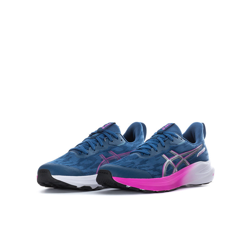 Youth running shoe pair, navy-blue upper with fuchsia midsole and white outsole