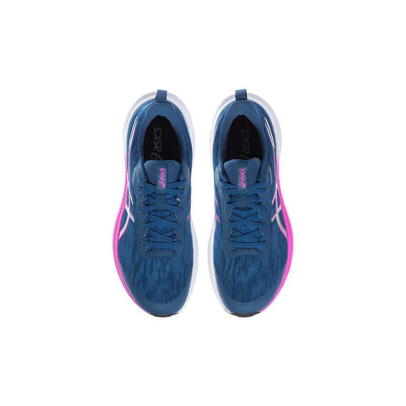 Youth running shoe, blue mesh with fuchsia lace trim and padded collar