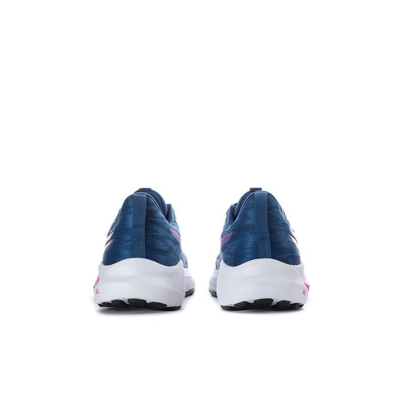 Youth running shoe back view, blue upper with white heel and fuchsia details