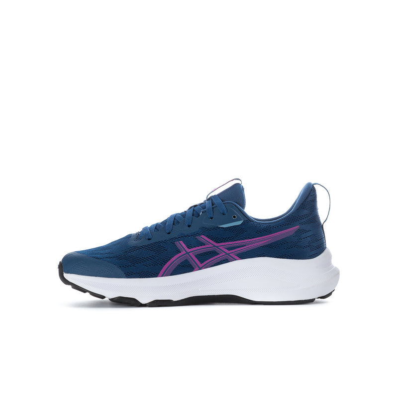 Youth running shoe side profile, twilight blue with pink stripes and white midsole