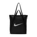 Black gym tote bag with Nike swoosh logo, wide handles, open-top design