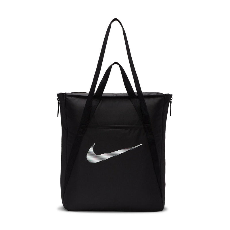 Black gym tote bag with Nike swoosh logo, wide handles, open-top design