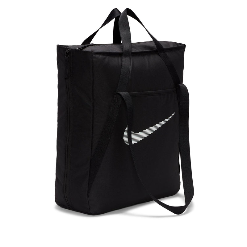 Black gym tote bag with front pocket and Nike swoosh, single-strap carry