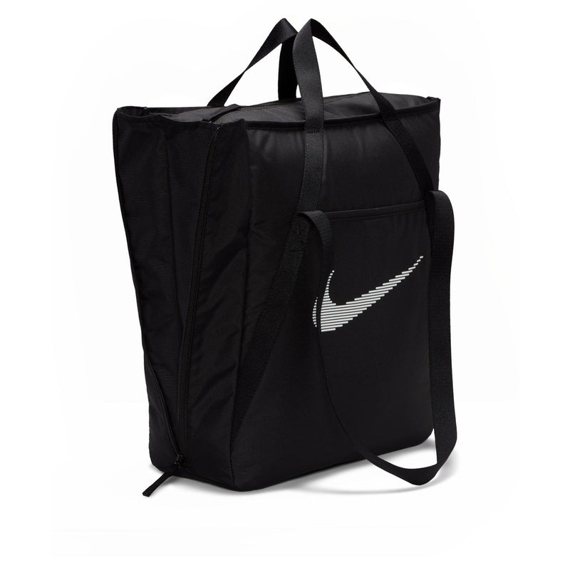 Black gym tote bag with side pocket and Nike swoosh, long shoulder strap