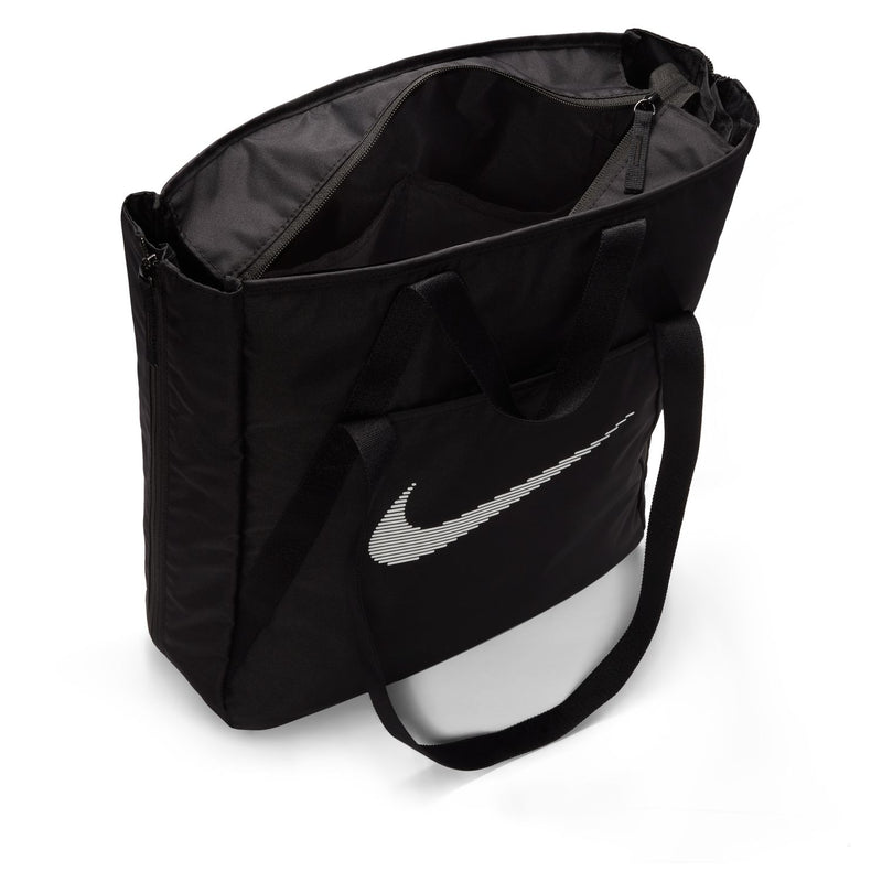 Black gym tote bag with open top and Nike swoosh, inner compartment visible