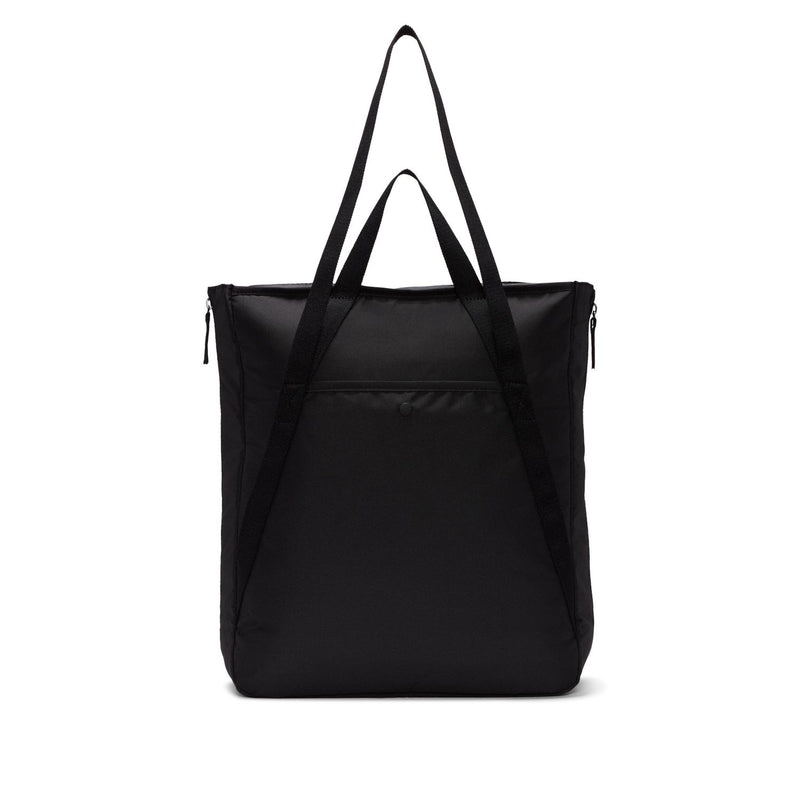 Black gym tote bag with Nike swoosh logo and tall handles, front view