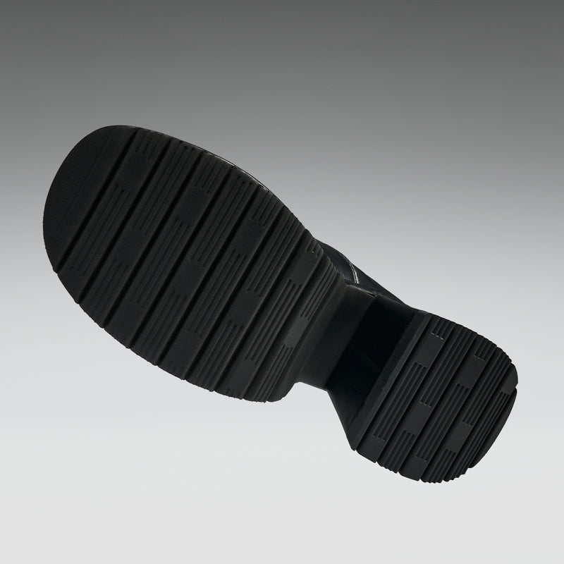 Close-up of a black rubber sole on a gray background