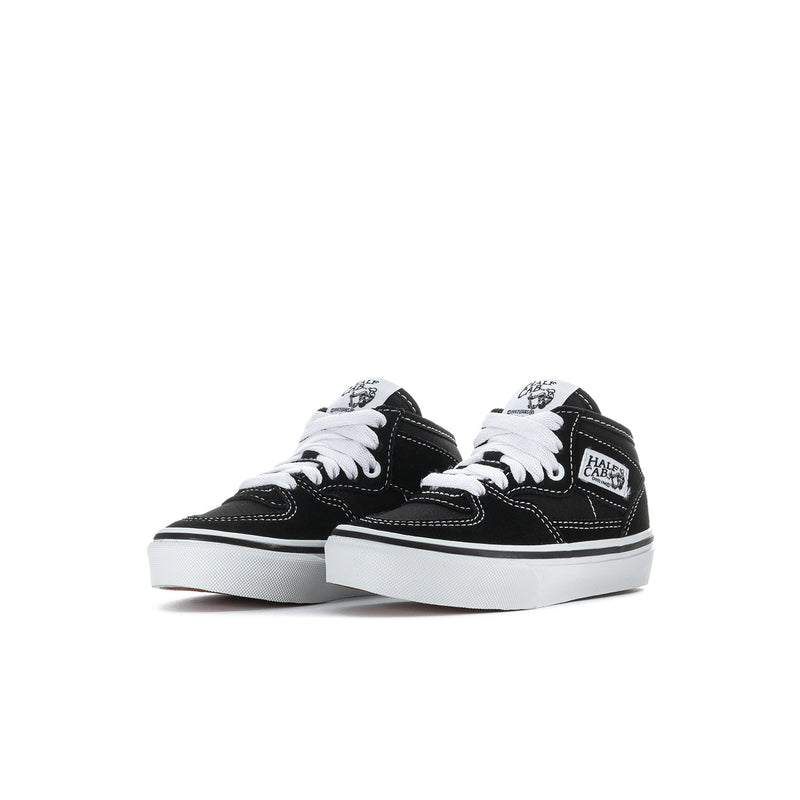 Kids half-calf sneakers pair, black uppers with white laces and Half Cafe side logo